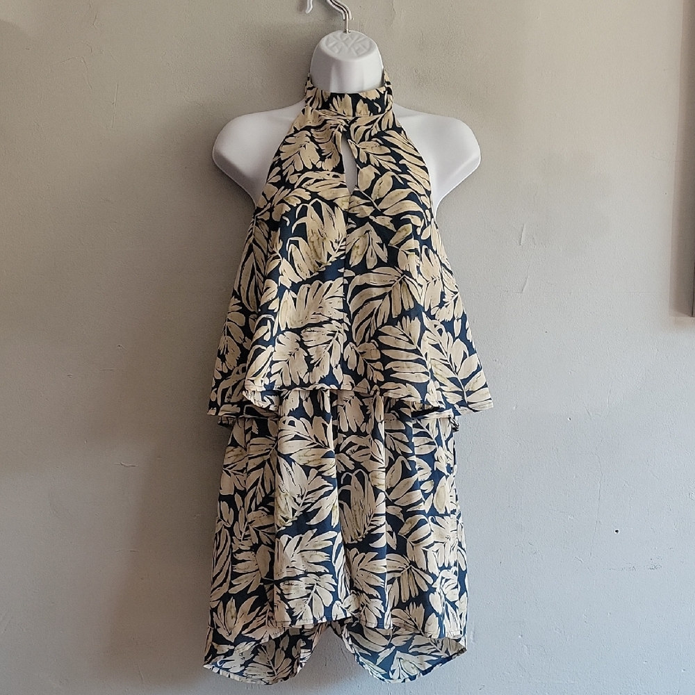 Women's large leaf print blue/beige halter top romper shorts high neck layered